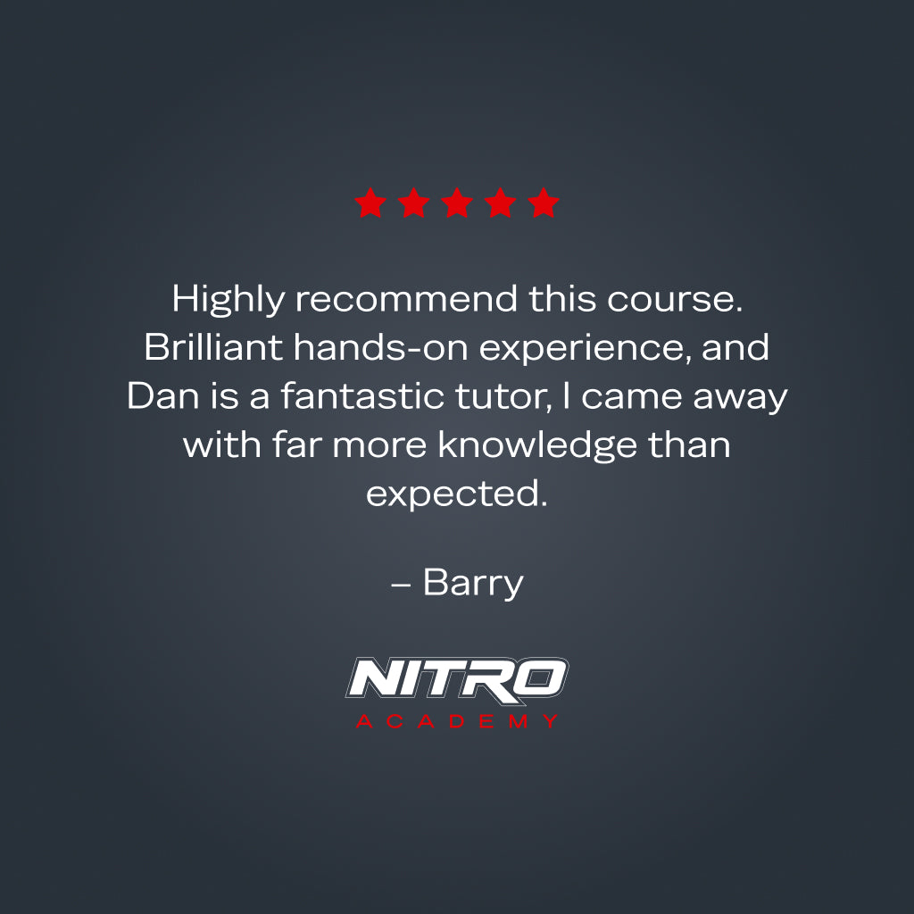 Five-star testimonial graphic for Nitro Academy highlighting an advanced carbon fibre composites course, praised for hands-on learning and expert instruction from the tutor.