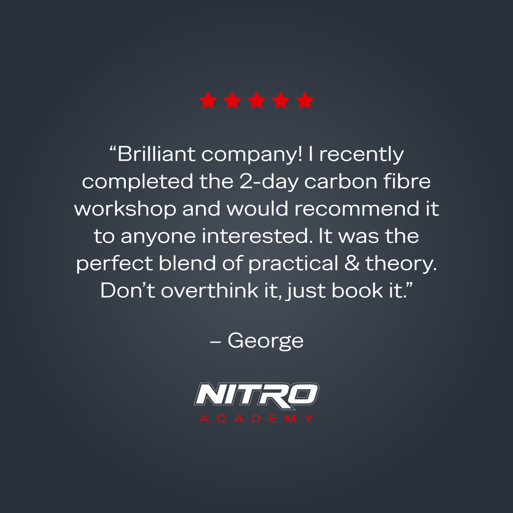 Five-star testimonial graphic for Nitro Academy featuring a review of the 2-day carbon fibre workshop, praising the balance of practical and theory-based composites training.